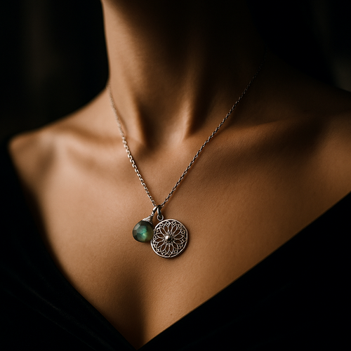 Labradorit Edelstein Mandala Schmuck-Set - 925 Sterling Silber Meditation Kette  - K925-118