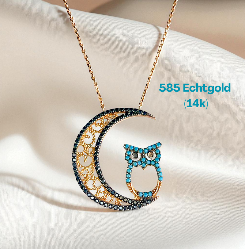 Luna Noctua – 585 (14K) Echtgold Kette mit Mond- und Eulenanhänger, Roségold vergoldet, Zirkonia in Türkis & Schwarz, 41 cm