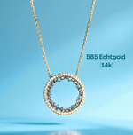 585 (14k) Echtgold Kette mit Kreis Anhänger & Zirkonia in Blau & Violett – 41 cm – „Galaxia Circle“