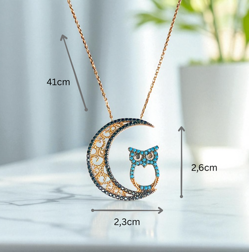Luna Noctua – 585 (14K) Echtgold Kette mit Mond- und Eulenanhänger, Roségold vergoldet, Zirkonia in Türkis & Schwarz, 41 cm