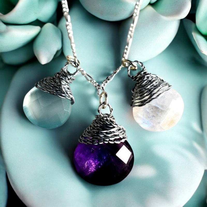 Edelsteinkette mit  Aquamarin Mondstein & Amethyst - 925 Sterling Silber - K925-133