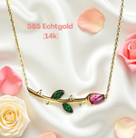 585 (14K) Echtgold Kette mit Rosenanhänger – Rosafarbener Turmalin & grüne Zirkonia – 41 cm