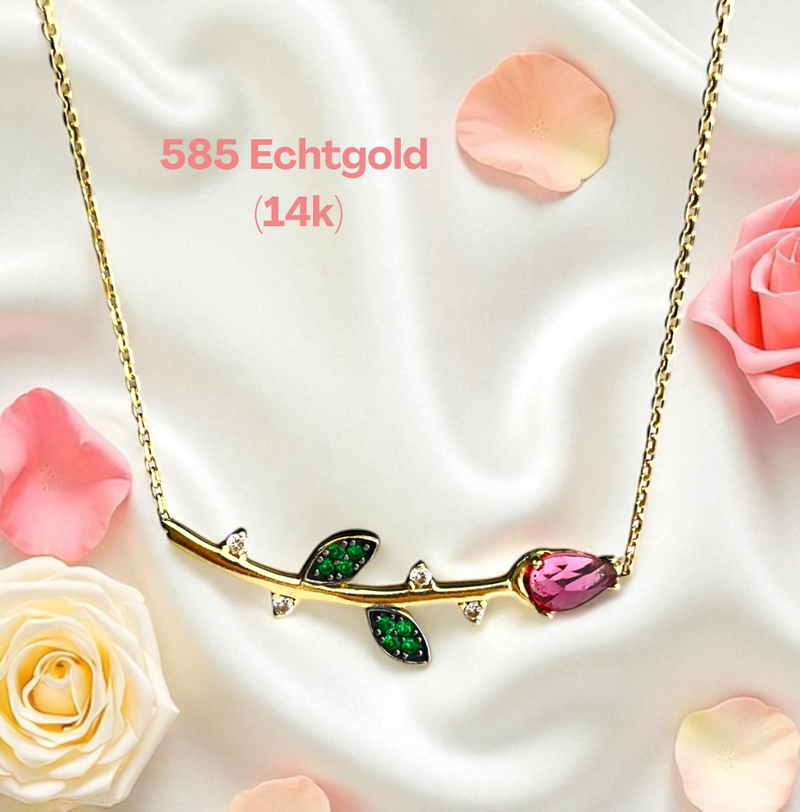 585 (14K) Echtgold Kette mit Rosenanhänger – Rosafarbener Turmalin & grüne Zirkonia – 41 cm