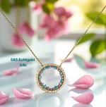 585 (14k) Echtgold Kette mit Kreis Anhänger & Zirkonia in Blau & Violett – 41 cm – „Galaxia Circle“