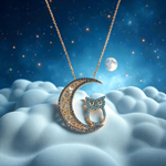 Luna Noctua – 585 (14K) Echtgold Kette mit Mond- und Eulenanhänger, Roségold vergoldet, Zirkonia in Türkis & Schwarz, 41 cm
