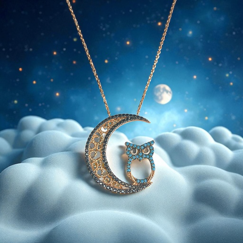 Luna Noctua – 585 (14K) Echtgold Kette mit Mond- und Eulenanhänger, Roségold vergoldet, Zirkonia in Türkis & Schwarz, 41 cm