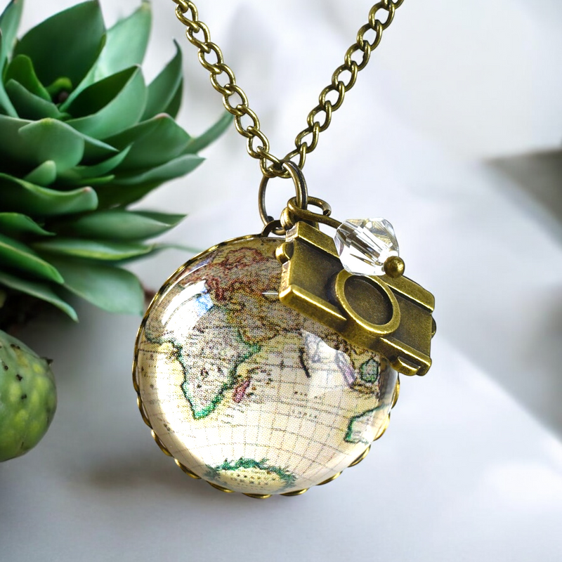 fahrradanhänger globus Weltkarte Globus Anhänger Kette Vintage Stil - Globetrotter Schmuck