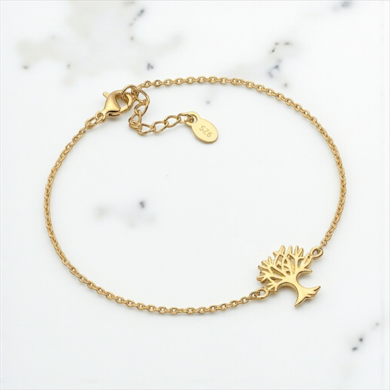 Tree of Life Bracelet in 925 Sterling Silver – 18K Gold Plated, 16.5 cm Length - ARM925-36
