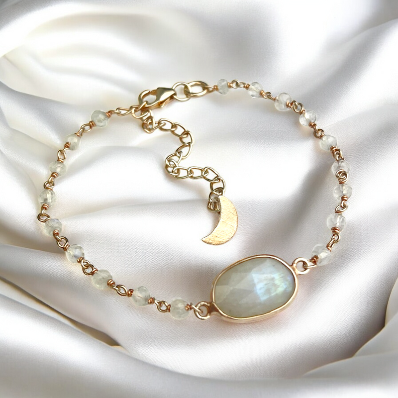 925 Sterling Silber Rosévergoldetes Armband mit echtem Mondstein – Sichelmond Edition