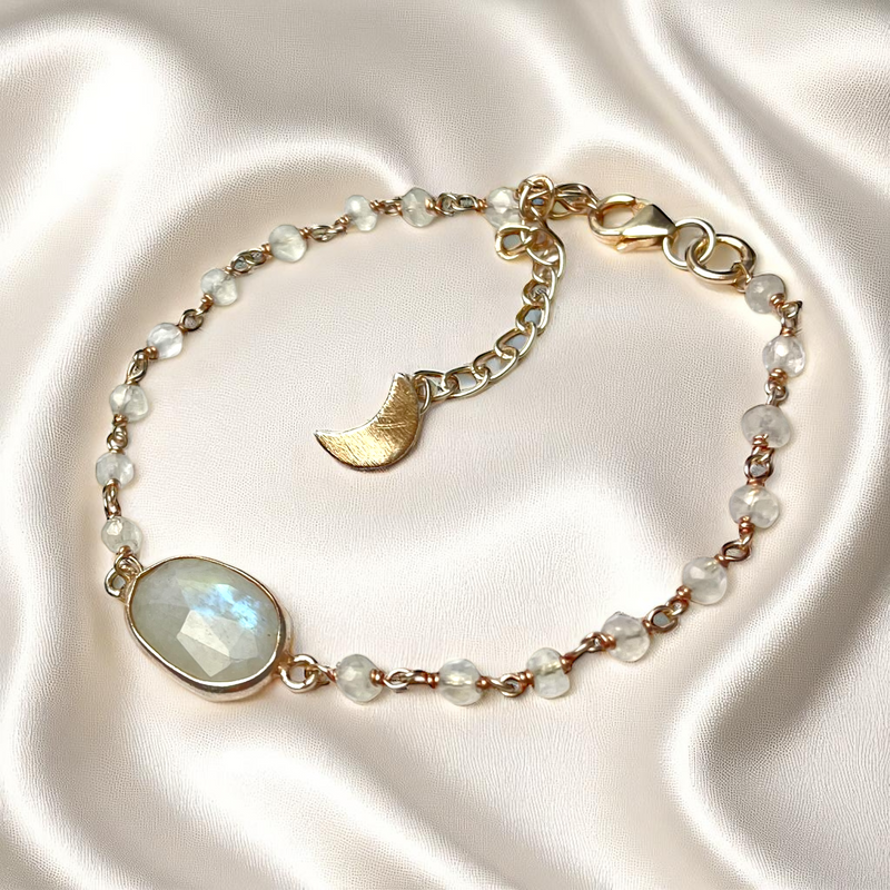 925 Sterling Silber Rosévergoldetes Armband mit echtem Mondstein – Sichelmond Edition
