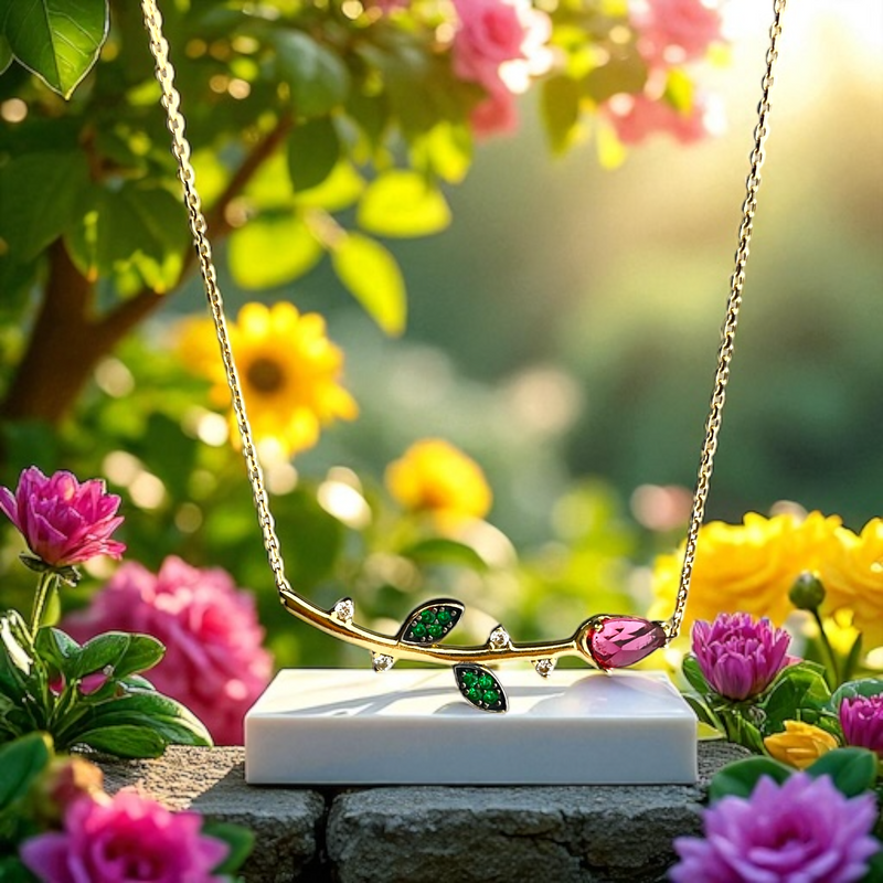 585 (14K) Echtgold Kette mit Rosenanhänger – Rosafarbener Turmalin & grüne Zirkonia – 41 cm