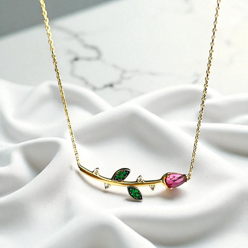 585 (14K) Echtgold Kette mit Rosenanhänger – Rosafarbener Turmalin & grüne Zirkonia – 41 cm
