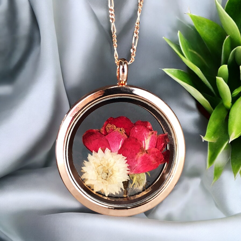 Echte Rose und Chrysantheme 925 Sterling Rosegold Vergoldete Medaillonkette - K925-127