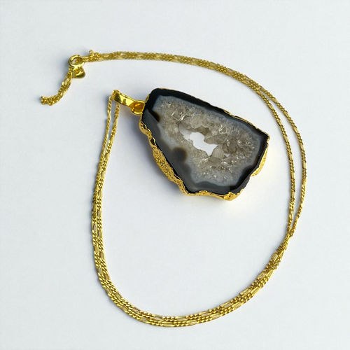 „Mystic Hollow“ 925 Sterling Silber Kette mit Achat-Druse Anhänger, 18K vergoldet, 4x2 cm, 50 cm, hypoallergen & für Allergiker geeignet