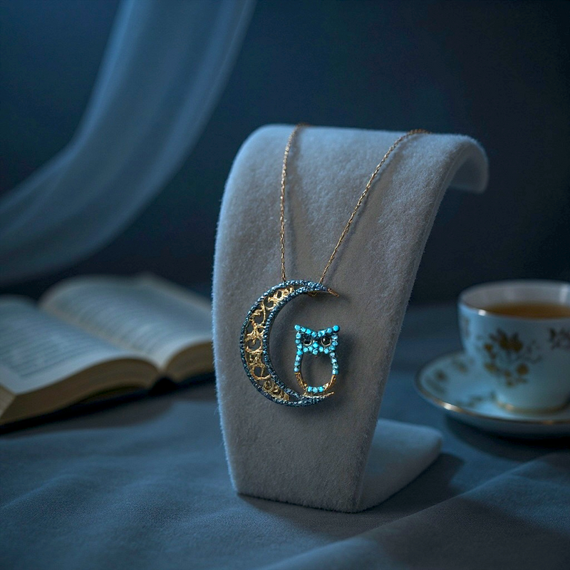 Luna Noctua – 585 (14K) Echtgold Kette mit Mond- und Eulenanhänger, Roségold vergoldet, Zirkonia in Türkis & Schwarz, 41 cm