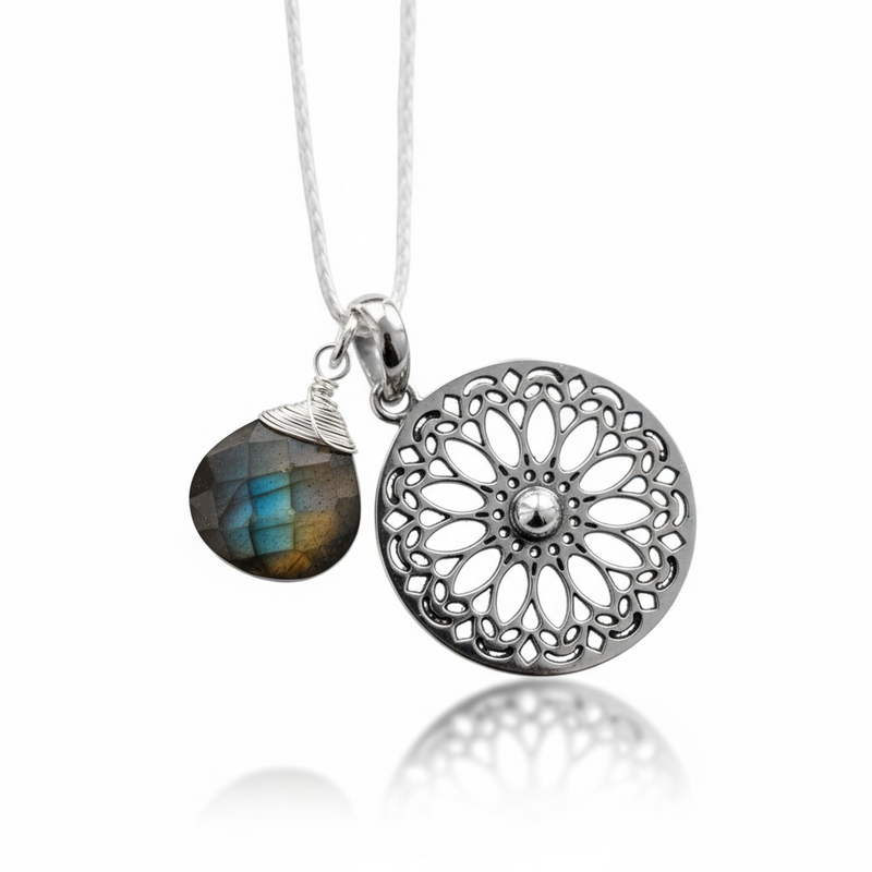 Labradorit Edelstein Mandala Schmuck-Set - 925 Sterling Silber Meditation Kette  - K925-118