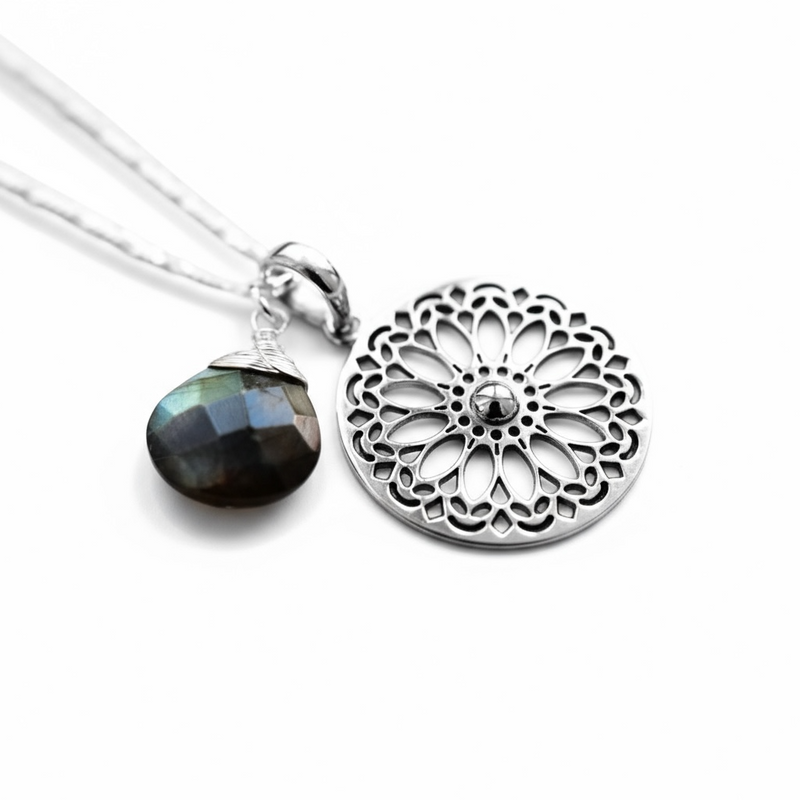 Labradorit Edelstein Mandala Schmuck-Set - 925 Sterling Silber Meditation Kette  - K925-118