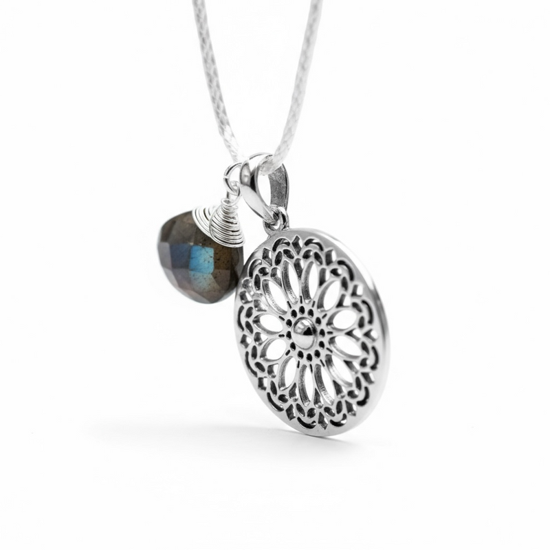 Labradorit Edelstein Mandala Schmuck-Set - 925 Sterling Silber Meditation Kette  - K925-118