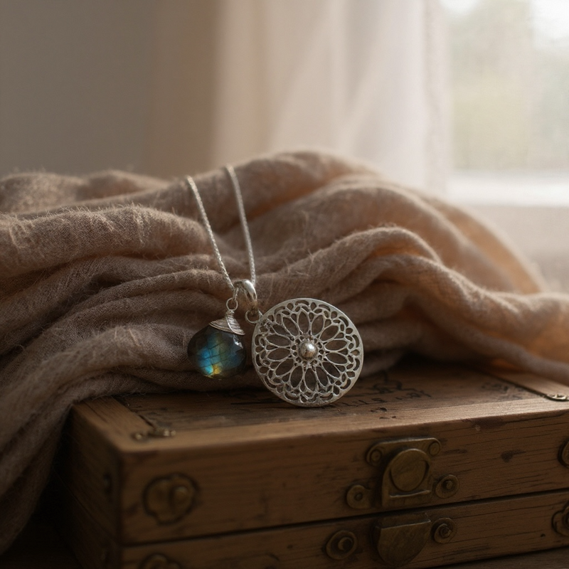 Labradorit Edelstein Mandala Schmuck-Set - 925 Sterling Silber Meditation Kette  - K925-118
