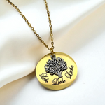 Vergoldete Edelstahl Kette mit Gravuranhänger und silbernem Baumanhänger - Inspirierende Inschrift "Lebe Liebe Lache" - VIK-88