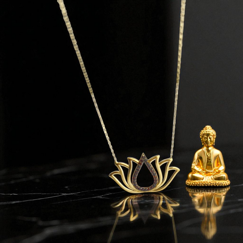 Echtgold 585 Lotus-Kette mit schwarzen Zirkonia – 40 cm – Spirituelle Damen Halskette in feinem Design