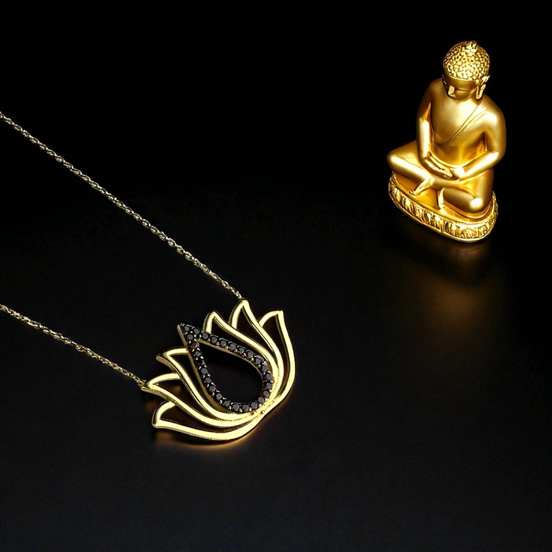 Echtgold 585 Lotus-Kette mit schwarzen Zirkonia – 40 cm – Spirituelle Damen Halskette in feinem Design