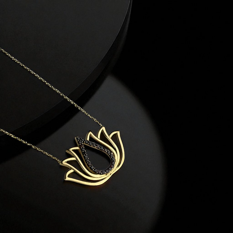 Echtgold 585 Lotus-Kette mit schwarzen Zirkonia – 40 cm – Spirituelle Damen Halskette in feinem Design