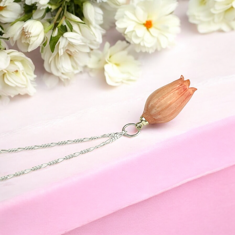 925 Sterling Silber Kette mit rosa Maiglöckchen-Blüte – Echter Blumenanhänger, hypoallergen, 50 cm Kette, 2,5 cm Anhänger