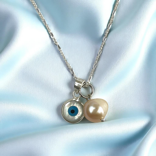 925 Sterling Silver Nazar Eye Necklace with Mother of Pearl &amp; Freshwater Pearl – Protection Necklace Against the Evil Eye | Lucky Charm Necklace for Women | Gift Idea for Women