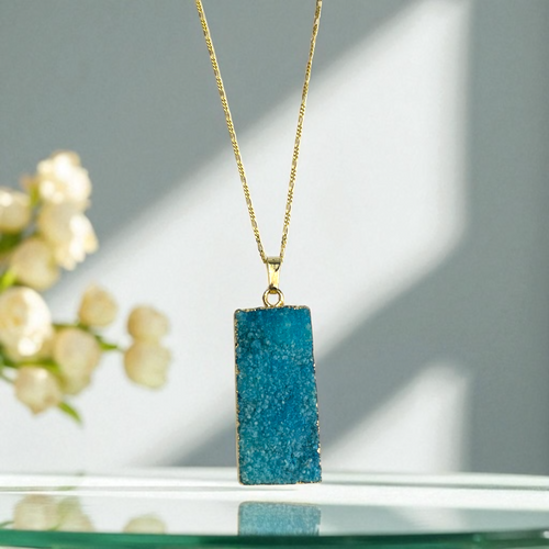 „Aqua Mystica“ Achat Druse Anhänger Kette, 925 Sterling Silber 18K vergoldet, 4x2 cm, 70 cm, hypoallergen & für Allergiker geeignet